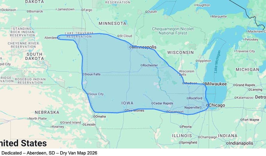 Dedicated – Aberdeen, SD – Dry Van map