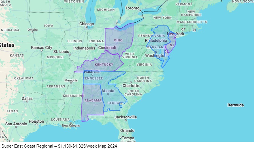 Super East Coast Regional – $1,130-$1,325/week map