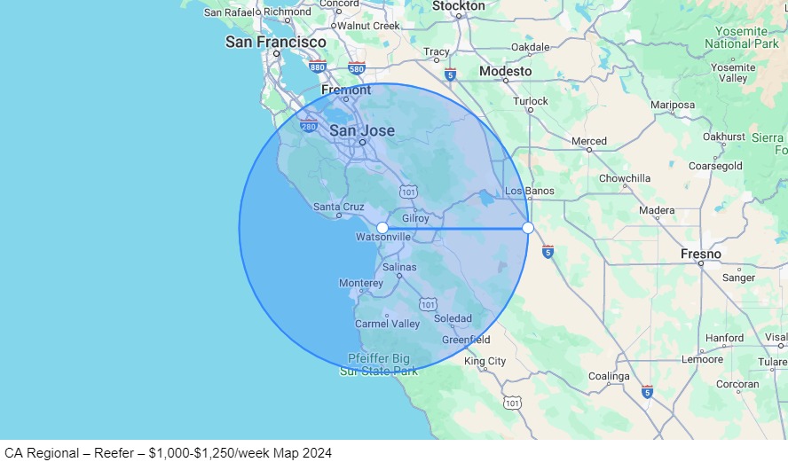 CA Regional – Reefer – $1,000-$1,250/week map