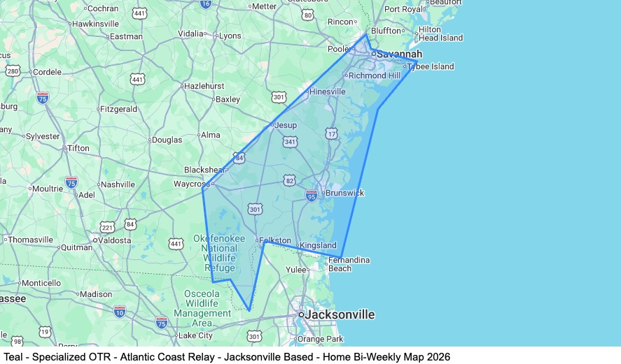 Specialized OTR - Atlantic Coast Relay - Jacksonville Based - Home Bi-Weekly map