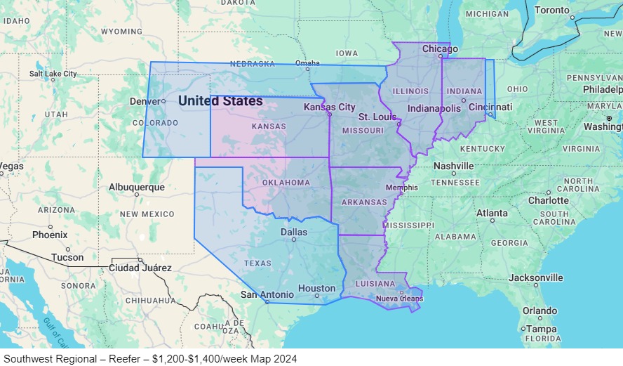 Southwest Regional – Reefer – $1,200-$1,400/week map