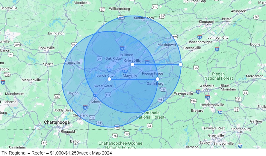 TN Regional – Reefer – $1,000-$1,250/week map