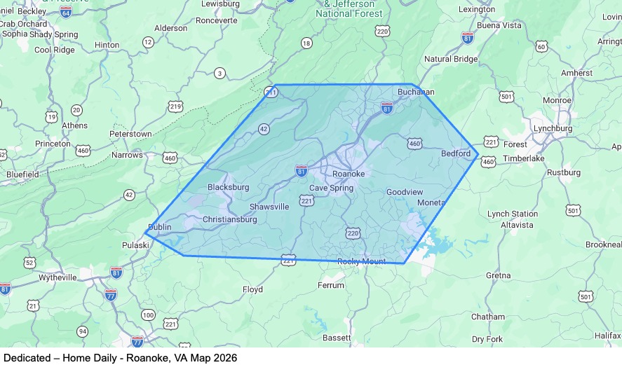 Dedicated – Home Daily - Roanoke, VA map