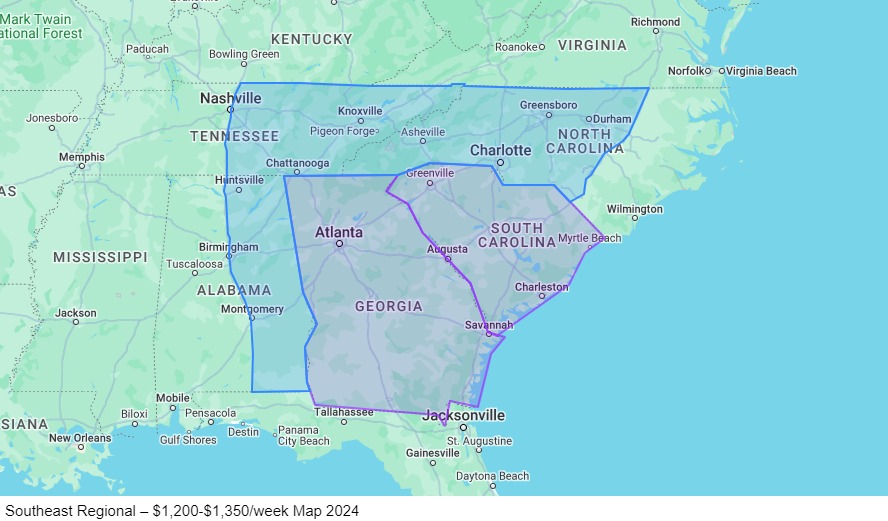 Southeast Regional – $1,200-$1,350/week map