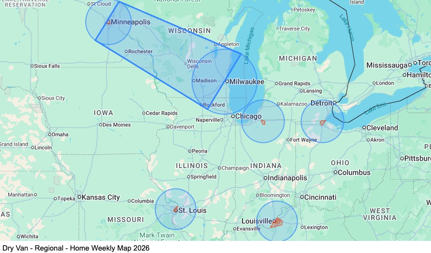 Dry Van - Regional - Home Weekly map