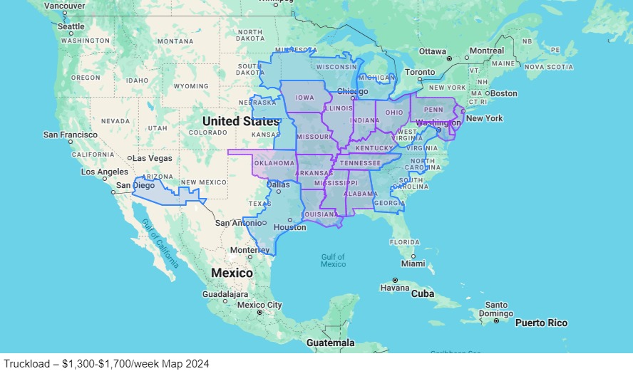Truckload – $1,300-$1,700/week map
