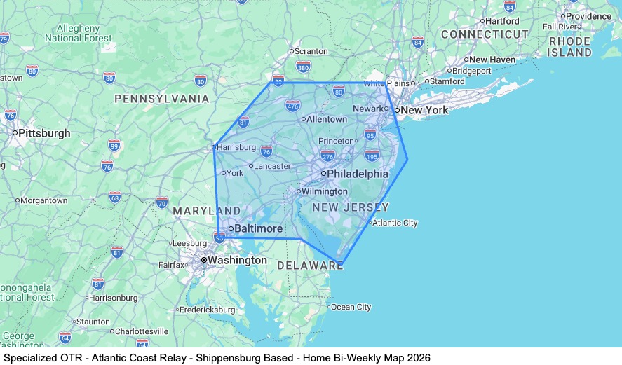 Specialized OTR - Atlantic Coast Relay - Shippensburg Based - Home Bi-Weekly map