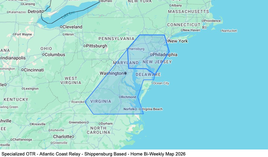 Specialized OTR - Atlantic Coast Relay - Shippensburg Based - Home Bi-Weekly map