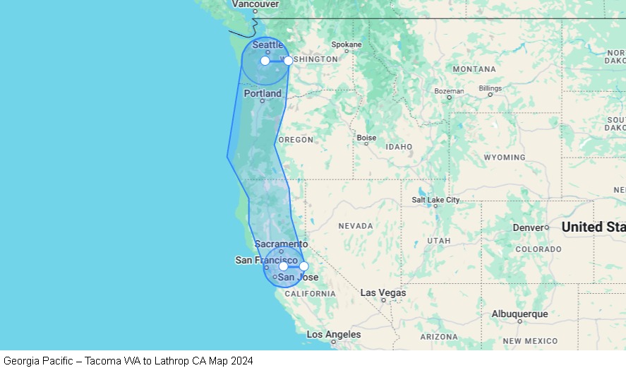 Georgia Pacific – Tacoma WA to Lathrop CA map
