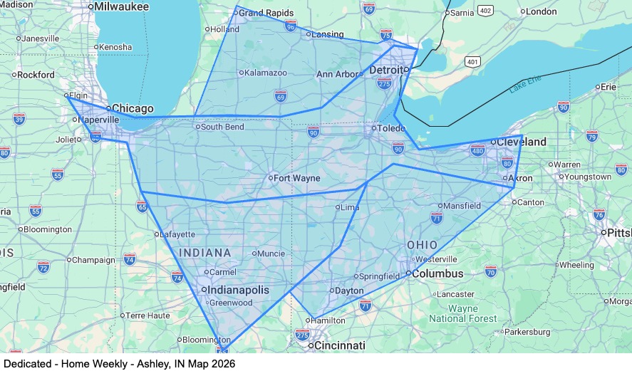 Dedicated - Home Weekly - Ashley, IN map