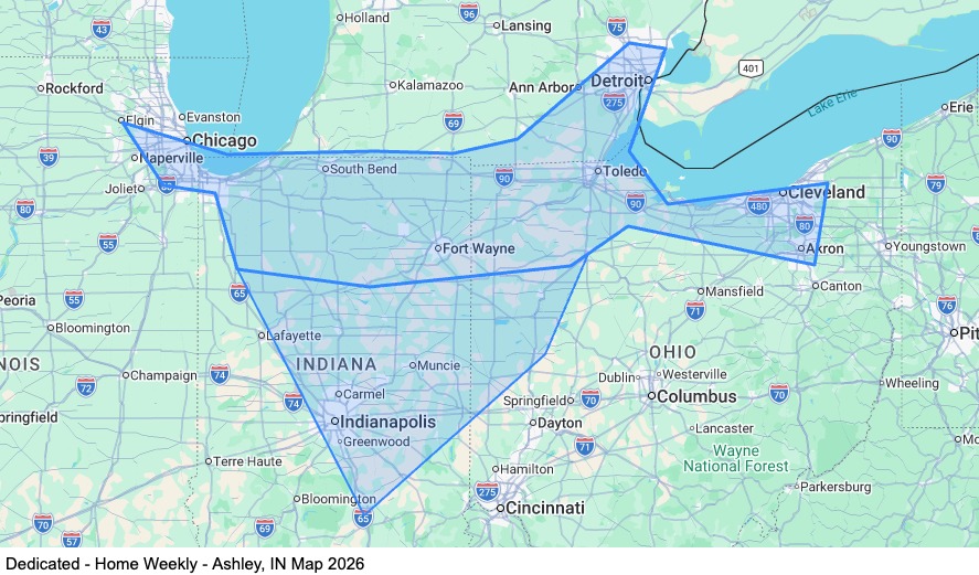 Dedicated - Home Weekly - Ashley, IN map